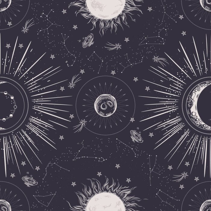 Behang Seamless pattern. Signs of the zodiac, phases of the moon, sun and moon. Engraving style. Vintage background.