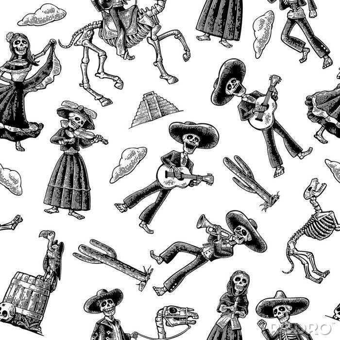 Behang Seamless pattern skeleton in Mexican national costumes. Vintage vector black engraving
