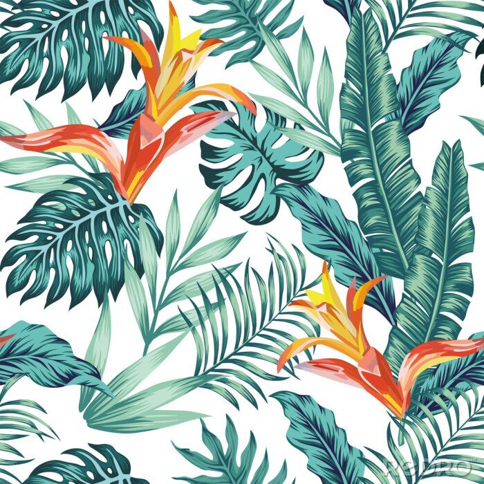 Behang Seamless pattern tropical leaves flowers white background