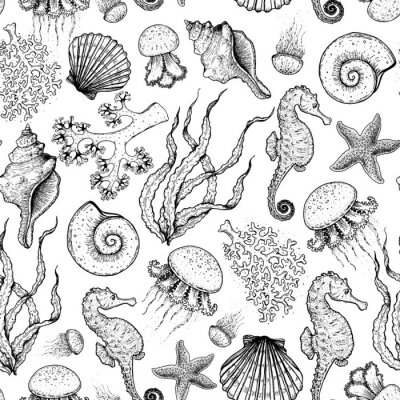 Behang Seamless pattern. Underwater world hand drawn. Sketch illustration. Seaweed, coral, seashell, jellyfish illustration. Vintage design template. Undersea world collection. Black and white style.