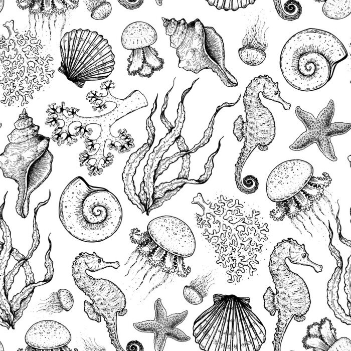 Behang Seamless pattern. Underwater world hand drawn. Sketch illustration. Seaweed, coral, seashell, jellyfish illustration. Vintage design template. Undersea world collection. Black and white style.