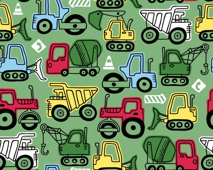 Behang Seamless pattern vector of construction vehicles cartoon