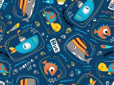 Behang seamless pattern vector of submarine with sea animals cartoon