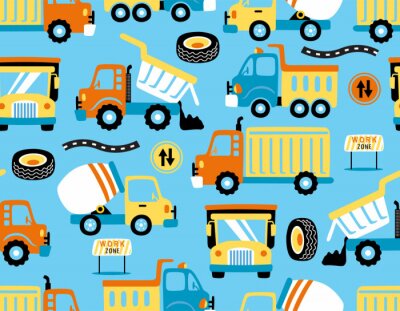 seamless pattern vector of trucks cartoon with traffic signs