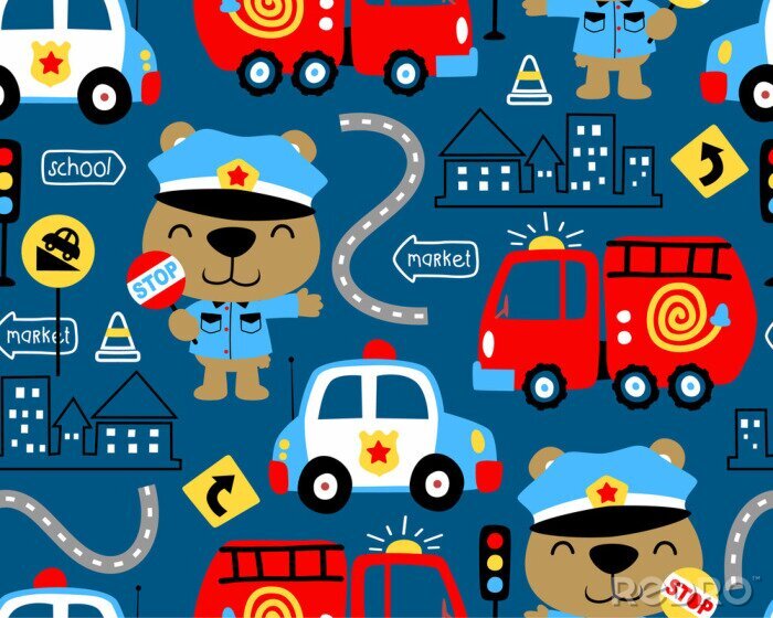 Behang seamless pattern vector of vehicles cartoon with funny cop