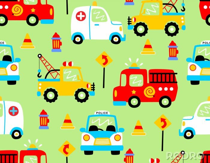 Behang seamless pattern vector with rescue vehicles cartoon