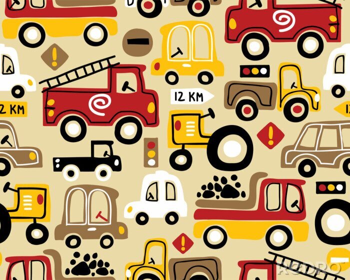 Behang Seamless pattern vector with vehicles cartoon