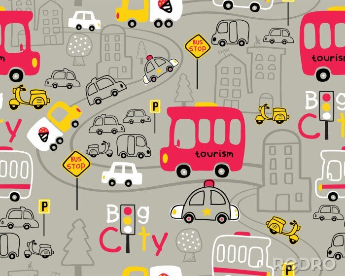 Behang Seamless pattern vector with vehicles cartoon in city road