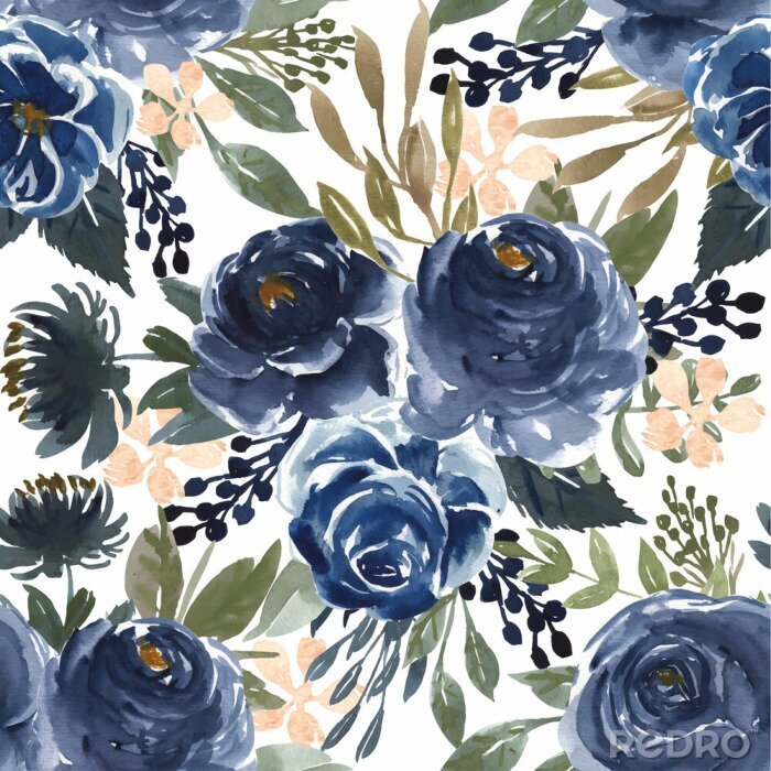 Behang seamless pattern watercolor flower navy blue