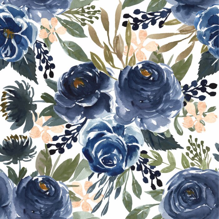 Behang Seamless pattern watercolor flower navy blue