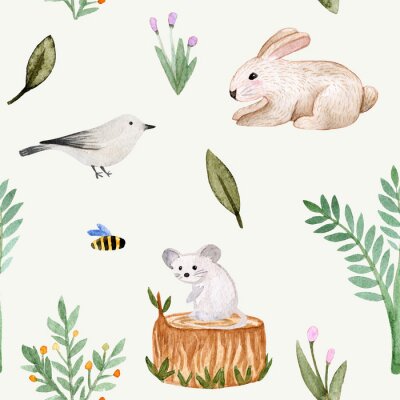 Behang Seamless pattern. Watercolor hare, bird, mouse, stump, bush, bee, tree, flowers, leaves, branches, rabbit.