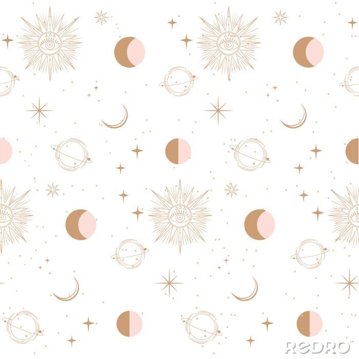 Behang Seamless pattern with Astrology and Space concept. Minimalistic objects made in the style of one line. Editable vector illustration.