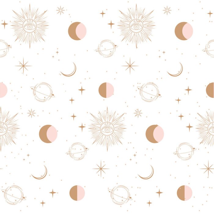 Behang Seamless pattern with Astrology and Space concept. Minimalistic objects made in the style of one line. Editable vector illustration.