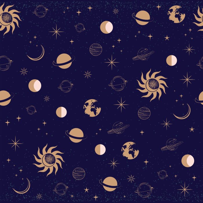 Behang Seamless pattern with Astrology and Space concept. Minimalistic objects made in the style of one line. Editable vector illustration.