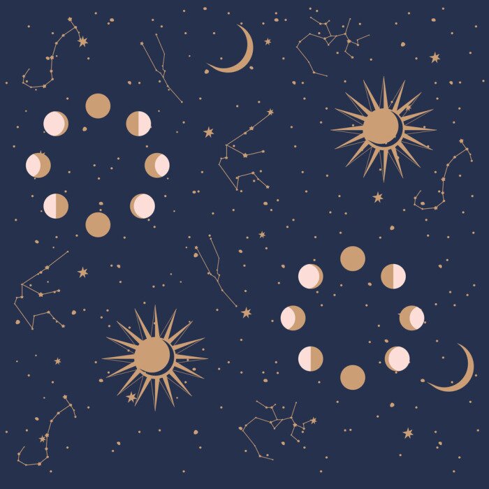 Behang Seamless pattern with Astrology and Space concept. Minimalistic objects made in the style of one line. Editable vector illustration.