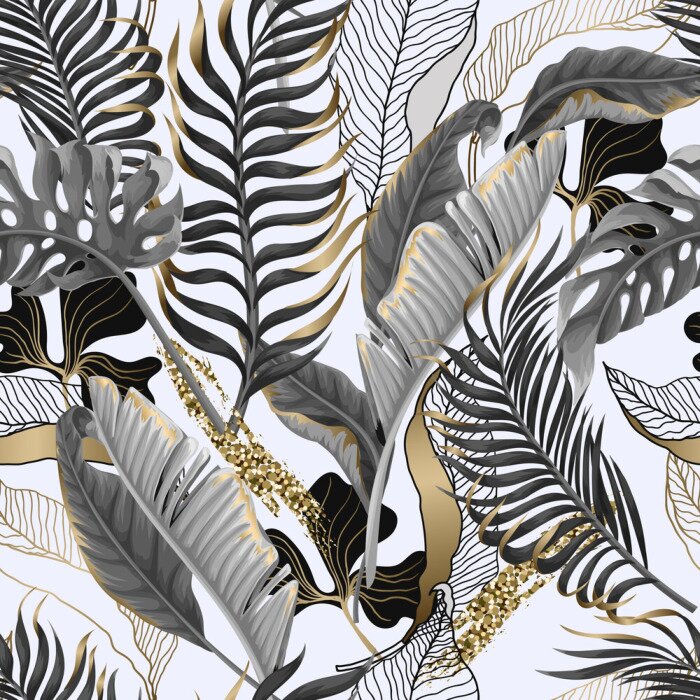 Behang Seamless pattern with black and white tropical leaves and golden elements. Vector.