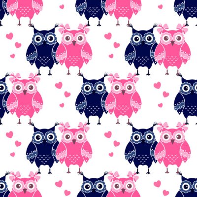  Seamless pattern with blue and pink owls