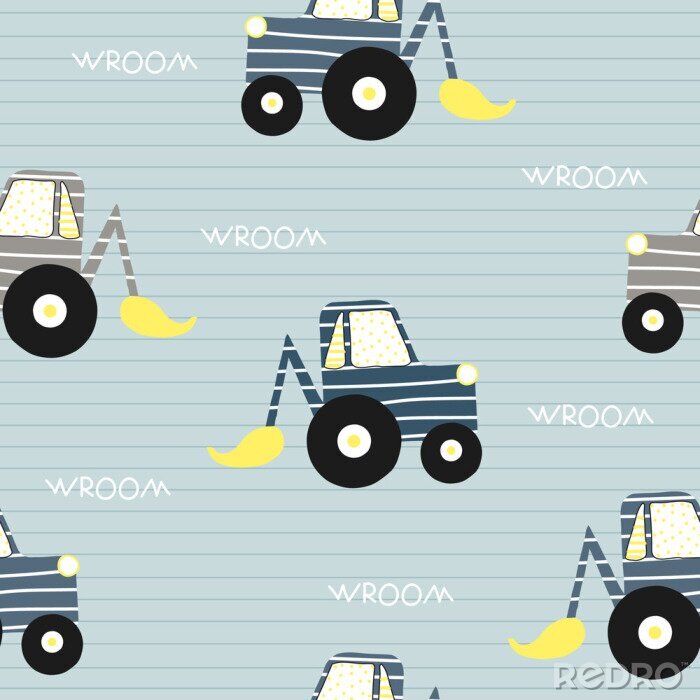 Behang Seamless pattern with bulldozer. Kids funny textile print. Vector hand drawn illustration.