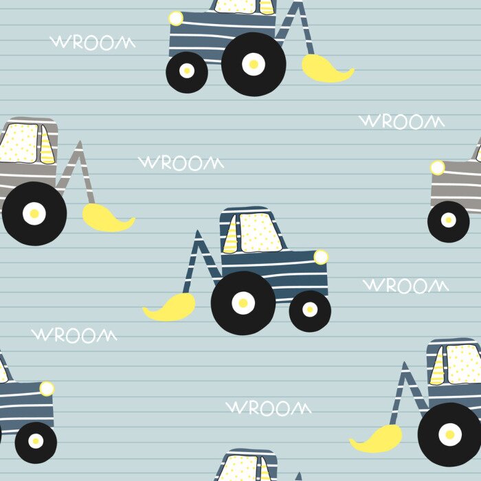Behang Seamless pattern with bulldozer. Kids funny textile print. Vector hand drawn illustration.