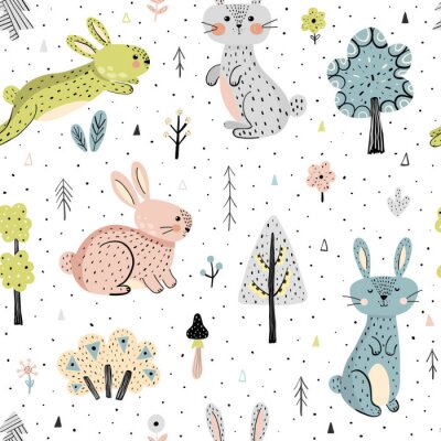 Behang Seamless pattern with bunnies in the forest. Childish background in modern scandinavian style. Vector illustration