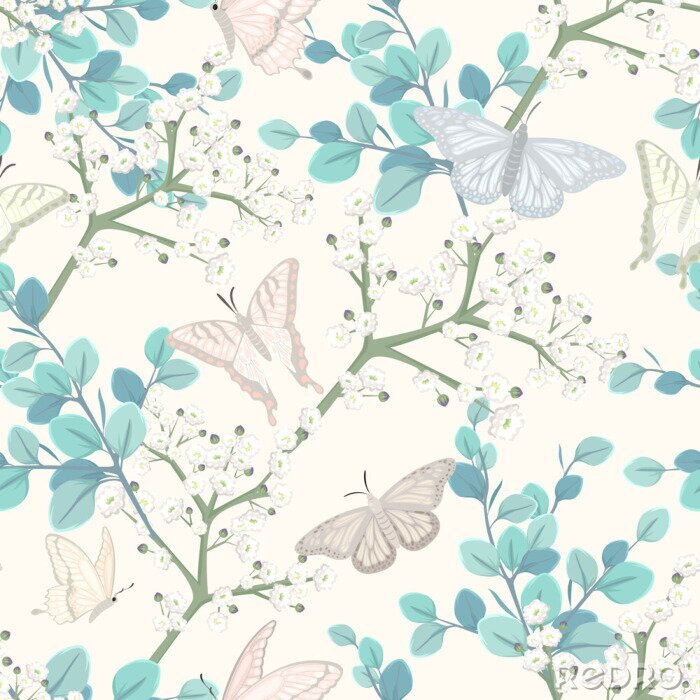 Behang seamless pattern with butterflies and white flowers