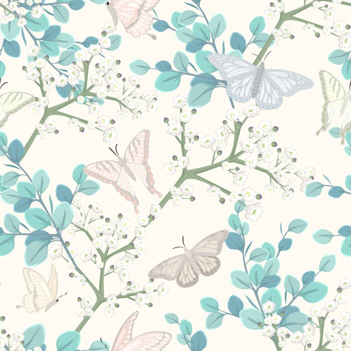 Behang Seamless pattern with butterflies and white flowers