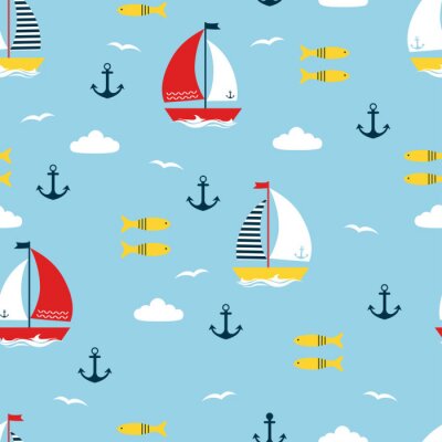 Behang seamless pattern with cartoon boats