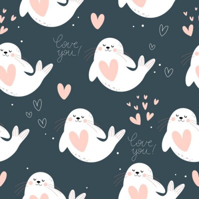 Behang Seamless pattern with cartoon seal. Colorful vector flat style. hand drawing. valentines day. Romantic design for print, wrapper, fabric.