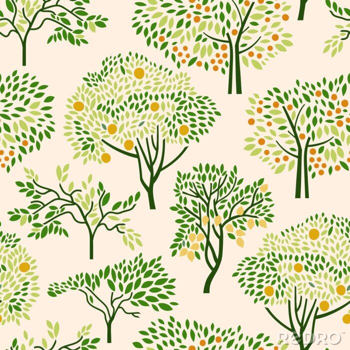 Behang Seamless pattern with citrus trees mandarin, orange, lemon. Surface design. Vector illustration.