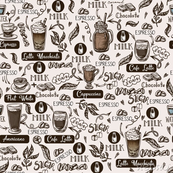 Behang Seamless pattern with coffee cups. Vector.
