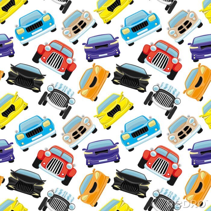 Behang Seamless pattern with colored cars on a white background.