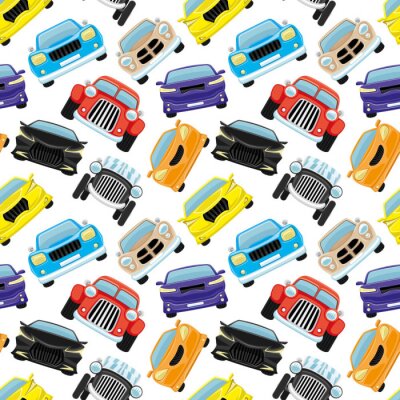 Behang Seamless pattern with colored cars on a white background.