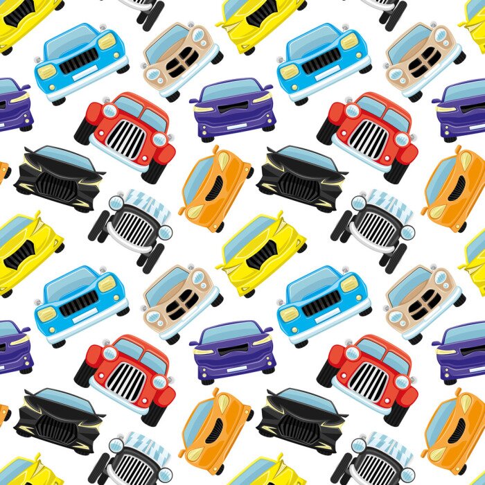 Behang Seamless pattern with colored cars on a white background.