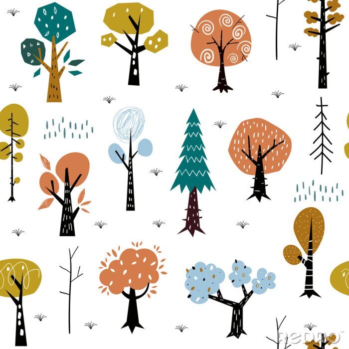 Behang Seamless pattern with colorful autumn forest trees. Great for fabric, textile.