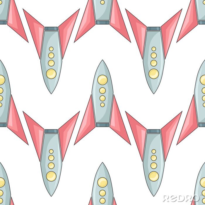 Behang Seamless pattern with  coloring childish spacecraft on white background. Linear drawing of shuttles in row. Vector texture with starships for wallpaper and your design.