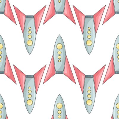 Behang Seamless pattern with  coloring childish spacecraft on white background. Linear drawing of shuttles in row. Vector texture with starships for wallpaper and your design.