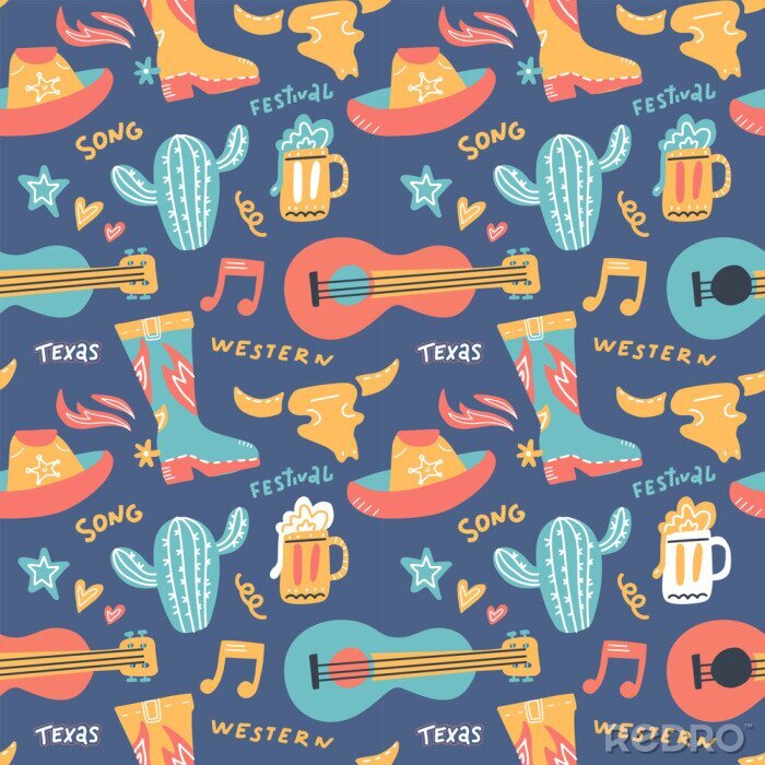 Behang Seamless pattern with country music elements. Music background. Vector flat hand drawn doodle illustration