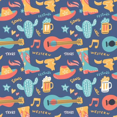 Behang Seamless pattern with country music elements. Music background. Vector flat hand drawn doodle illustration