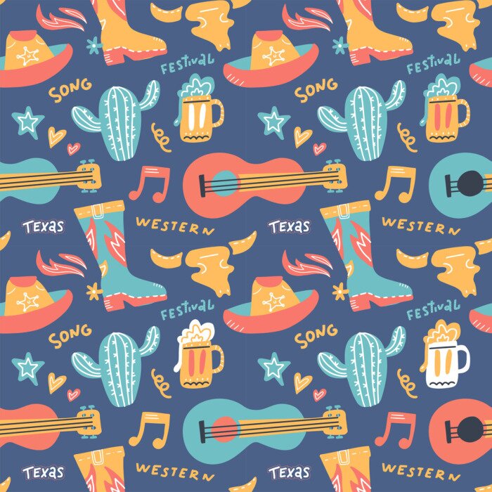 Behang Seamless pattern with country music elements. Music background. Vector flat hand drawn doodle illustration