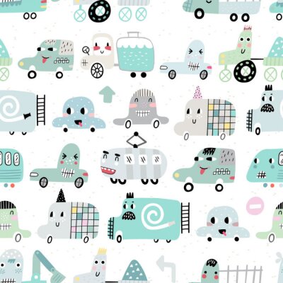 Behang Seamless pattern with cute cars. Cartoon cars. Perfect for kids fabric, textile, nursery wallpaper. Vector Illustration.