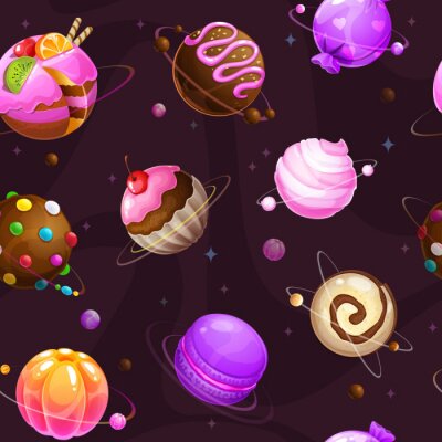 Behang Seamless pattern with cute cartoon sweet planets on the space background.