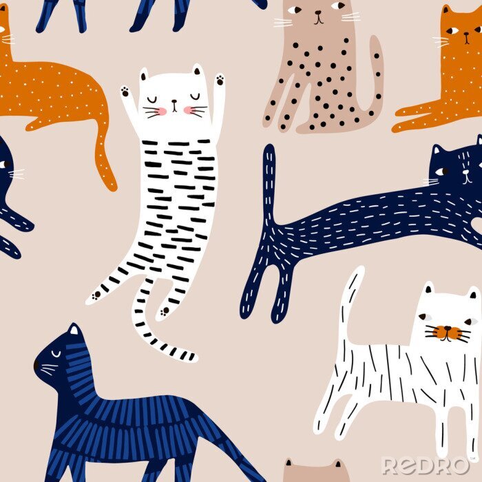 Behang Seamless pattern with cute colorful cats. Creative childish texture. Great for fabric, textile Vector Illustration