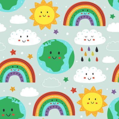Behang seamless pattern with cute Earth,cloud, rainbow and sun - vector illustration, eps    