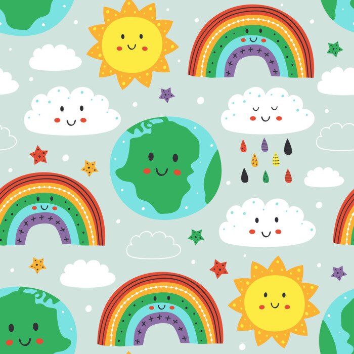 Behang seamless pattern with cute Earth,cloud, rainbow and sun - vector illustration, eps    