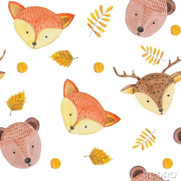 Behang Seamless pattern with cute forest animals, leaves and blots on a white background. watercolor illustration for prints, textiles, banners and scrapbooking