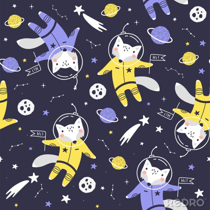 Behang Seamless pattern with cute fox astronaut, planets, stars and comets. Space Background for Kids. Vector