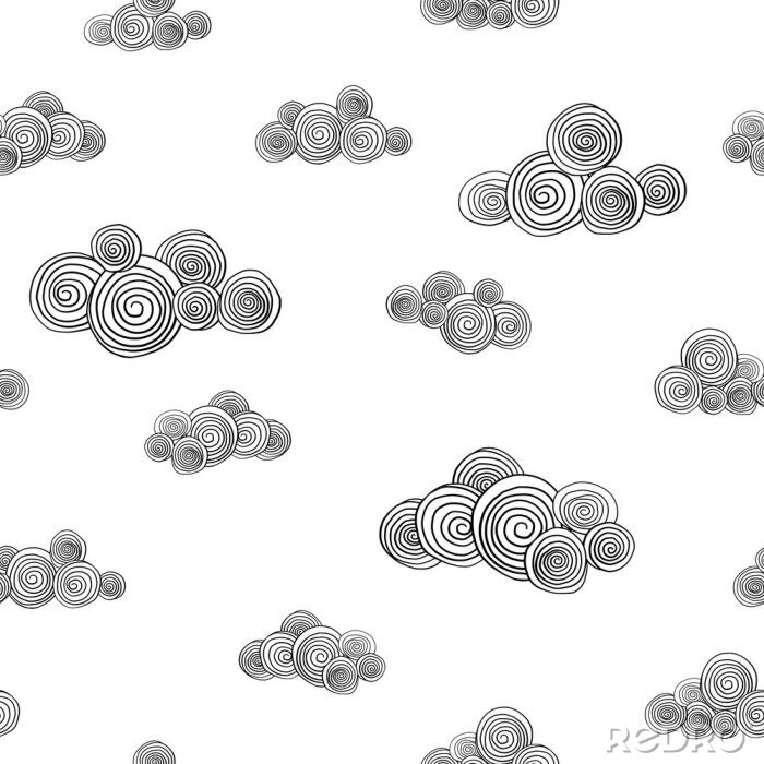 Behang Seamless pattern with cute hand drawn curly clouds. Doodle.