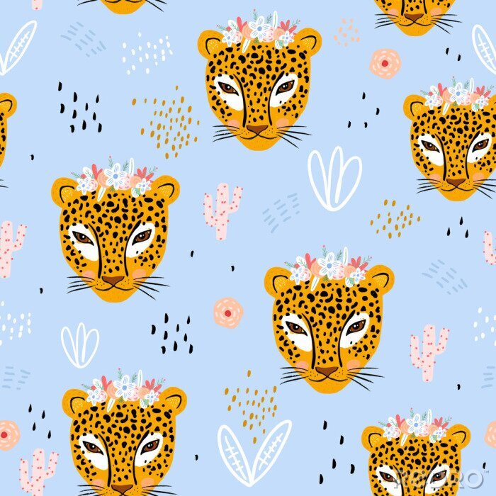 Behang Seamless pattern with cute hand drawn leopard faces. Creative childish jungle background. Perfect for kids apparel,fabric, textile, nursery decoration,wrapping paper.Vector Illustration