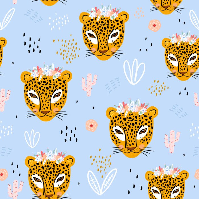 Behang Seamless pattern with cute hand drawn leopard faces. Creative childish jungle background. Perfect for kids apparel,fabric, textile, nursery decoration,wrapping paper.Vector Illustration