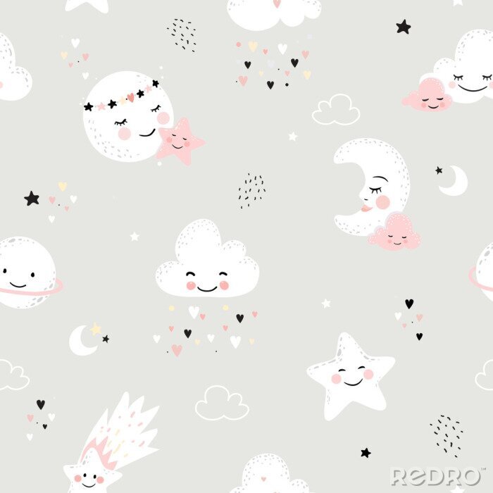 Behang Seamless pattern with cute moon, stars, clouds. Perfect for baby background, kids room wallpaper, baby shower card, fabric and wear. Nursery vector illustration.